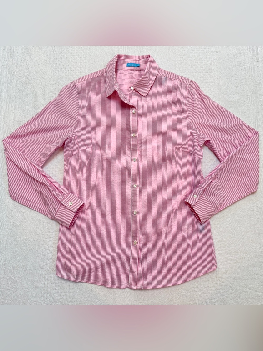 J. McLaughlin Pink White Seersucker Stripe Button Down Shirt Womens XS Blouse